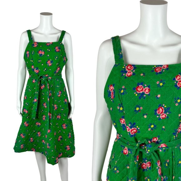 Vintage 70s Pinafore Lanz Green Quilted Pink Floral Overall Dress Cottagecore S